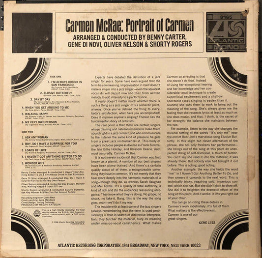 Carmen McRae - Portrait Of Carmen (Vinyl, LP, Album, Mono) Very Good (VG) / Poor (P)