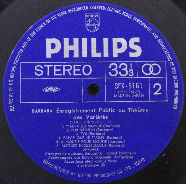 Barbara (5) - Enregistrement Public Au Théâtre Des Variétés = バリエテ座のバルバラ (2xVinyl, LP, Album, Stereo) Very Good (VG) / Good Plus (G+)