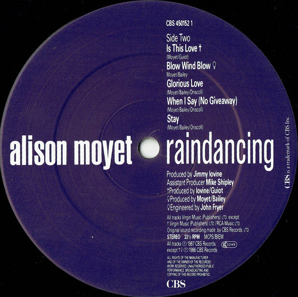 Alison Moyet - Raindancing (Vinyl, LP, Album, Stereo) Very Good Plus (VG+) / Very Good Plus (VG+)