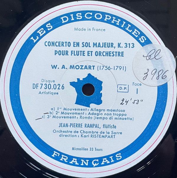 Wolfgang Amadeus Mozart - Les Deux Concertos Pour Flûte Et Orchestre / Andante Pour Flûte Et Orchestre, K. 315 (Vinyl, LP, Mono) Very Good Plus (VG+) / Very Good (VG)