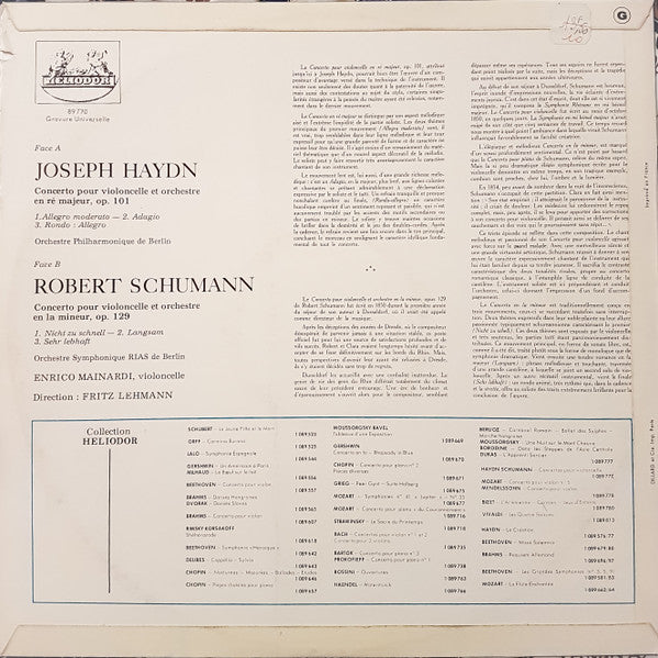 Enrico Mainardi - J. Haydn, Schumann - Concertos Pour Violoncelle Et Orchestre (Vinyl, LP) Very Good (VG) / Good Plus (G+)