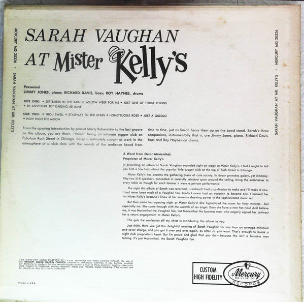 Sarah Vaughan And Her Trio - Sarah Vaughan At Mister Kelly's (Vinyl, LP, Mono) Good Plus (G+) / Good Plus (G+)