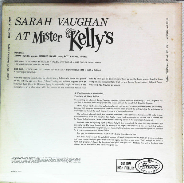 Sarah Vaughan And Her Trio - Sarah Vaughan At Mister Kelly's (Vinyl, LP, Mono) Very Good Plus (VG+) / Very Good (VG)
