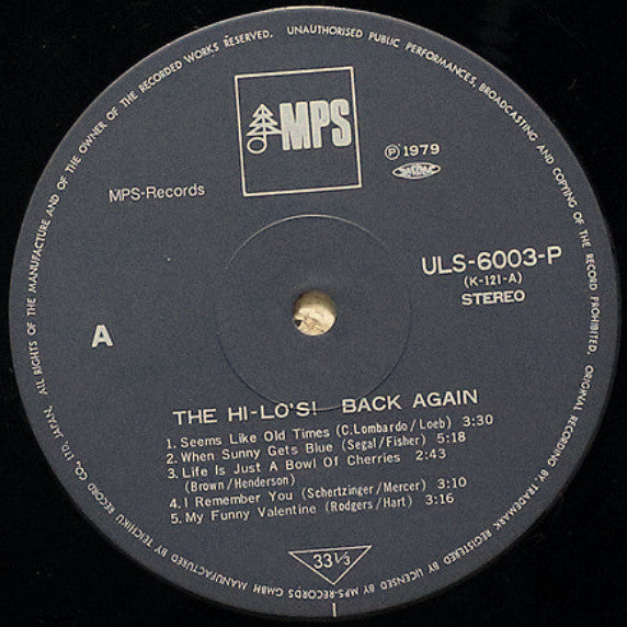 The Hi-Lo's - Back Again (Vinyl, LP, Album, Limited Edition) Very Good Plus (VG+) / Very Good Plus (VG+)