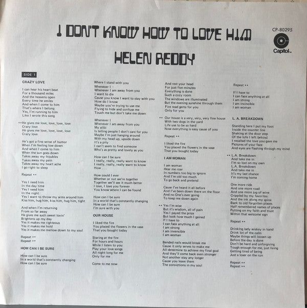 Helen Reddy - I Don't Know How To Love Him (Vinyl, LP, Album, Reissue) Very Good (VG) / Very Good Plus (VG+)