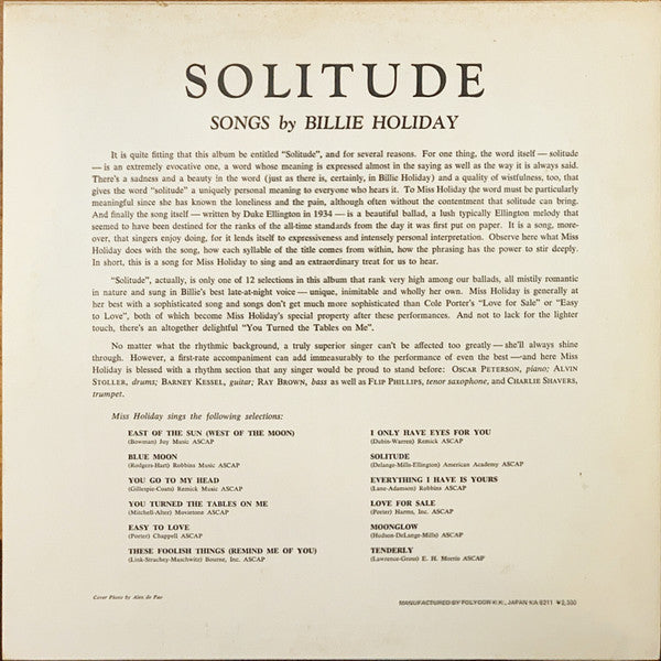 Billie Holiday - Solitude (Vinyl, LP, Album, Reissue, Mono) Very Good Plus (VG+) / Very Good (VG)