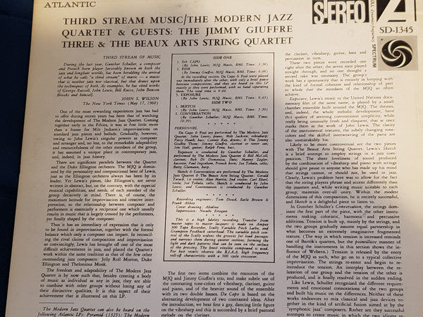 The Modern Jazz Quartet - Third Stream Music (Vinyl, LP, Album, Reissue, Stereo) Very Good Plus (VG+) / Very Good (VG)