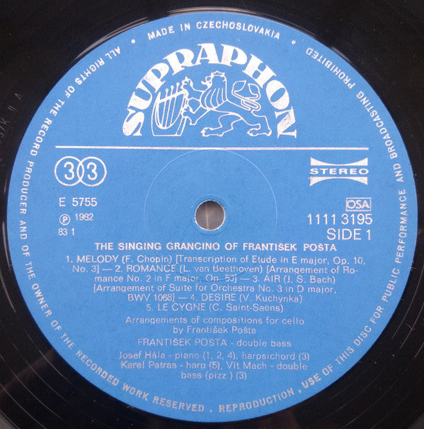 František Pošta - Zpívající Kontrabas Františka Pošty (Vinyl, LP, Stereo) Very Good (VG) / Very Good Plus (VG+)
