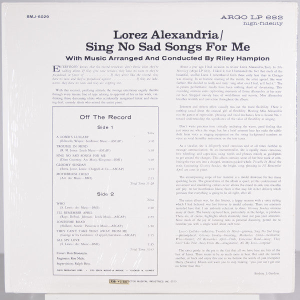 Lorez Alexandria - Sing No Sad Songs For Me (Vinyl, LP, Album, Reissue, Stereo) Very Good (VG) / Very Good Plus (VG+)