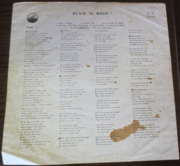 Elvis Presley - Elvis Is Back! (Vinyl, LP, Album, Mono) Good Plus (G+) / Very Good (VG)