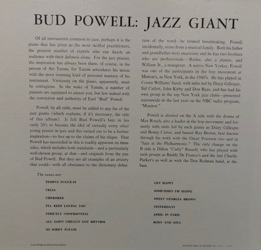 Bud Powell - Jazz Giant (Vinyl, LP, Album, Reissue, Mono) Very Good Plus (VG+) / Very Good Plus (VG+)