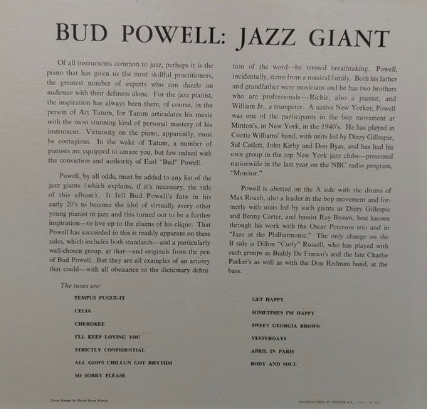 Bud Powell - Jazz Giant (Vinyl, LP, Album, Reissue, Mono)