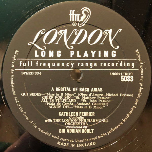 Kathleen Ferrier - A Recital Of Bach And Handel Arias (Vinyl, LP, Reissue, Mono) Good Plus (G+) / Good Plus (G+)