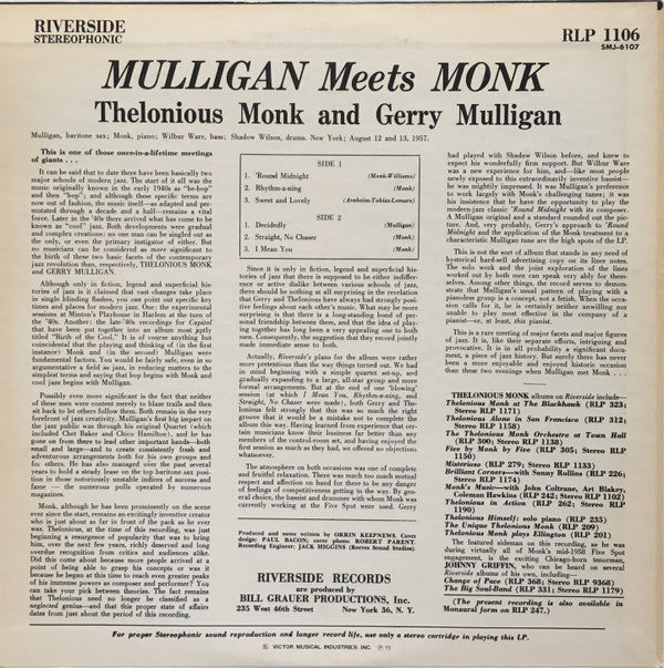 Thelonious Monk - Mulligan Meets Monk (Vinyl, LP, Album, Reissue, Stereo) Very Good Plus (VG+) / Very Good Plus (VG+)