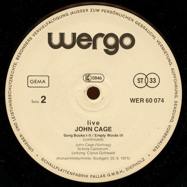 John Cage - Live (Vinyl, LP) Very Good (VG) / Very Good Plus (VG+)