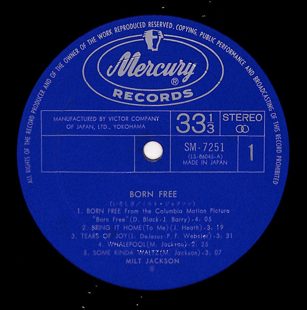 Milt Jackson - Born Free (Vinyl, LP, Album, Stereo) Very Good (VG) / Very Good Plus (VG+)