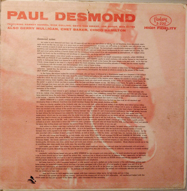 Gerry Mulligan Quartet - Gerry Mulligan / Paul Desmond (Vinyl, LP, Compilation, Mono) Very Good (VG) / Very Good Plus (VG+)