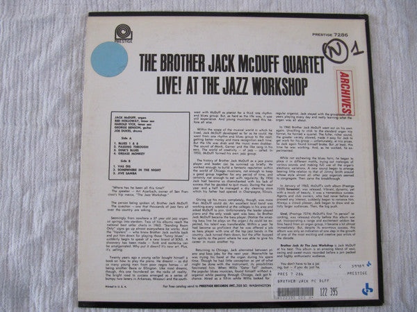 The Brother Jack McDuff Quartet - Brother Jack At The Jazz Workshop Live! (Vinyl, LP, Album, Stereo) Very Good (VG) / Very Good (VG)