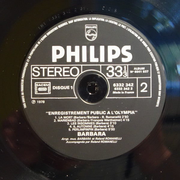 Barbara (5) - Les Insomnies / Enregistrement Public A L'Olympia (2xVinyl, LP, Album, Reissue) Very Good (VG) / Good Plus (G+)