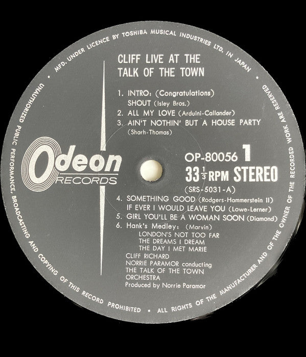 Cliff Richard - Cliff Live At The Talk Of The Town (Vinyl, LP, Album, Stereo) Very Good (VG) / Very Good (VG)