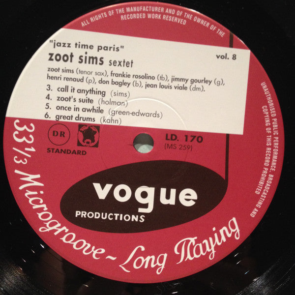 Zoot Sims - Zoot Goes To Town: Jazz Time Paris, Vol. 8 (Vinyl, LP, 10", Album, Reissue, Mono) Very Good Plus (VG+) / Near Mint (NM or M-)