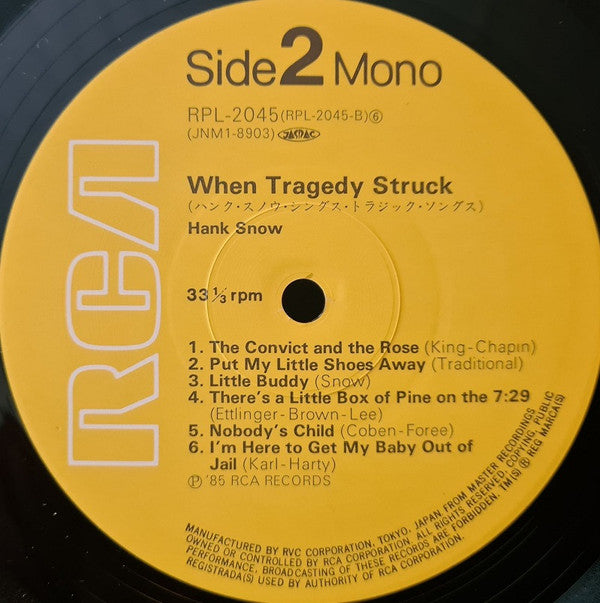 Hank Snow - When Tragedy Struck (Vinyl, LP, Album, Reissue, Mono) Very Good Plus (VG+) / Very Good Plus (VG+)