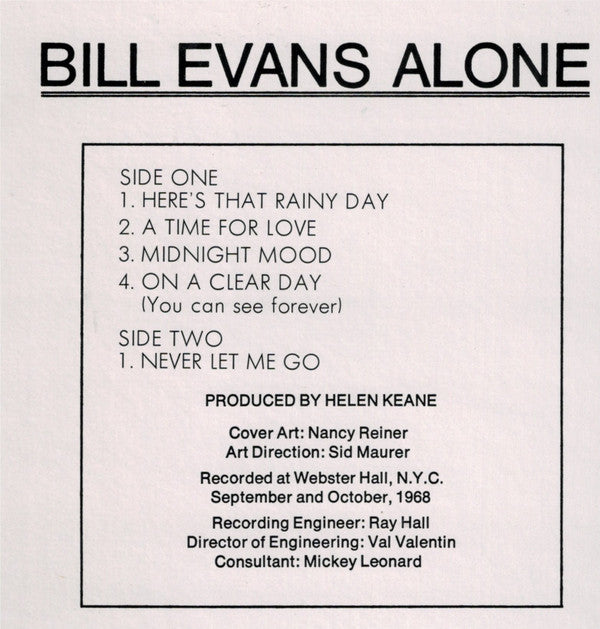 Bill Evans - Alone (Vinyl, LP, Album, Reissue) Very Good Plus (VG+) / Very Good Plus (VG+)