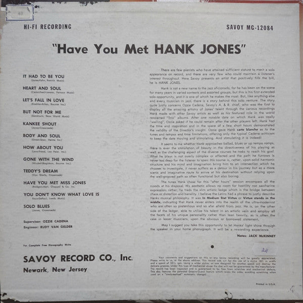 Hank Jones - Have You Met Hank Jones (Vinyl, LP, Album, Mono) Good Plus (G+) / Very Good (VG)