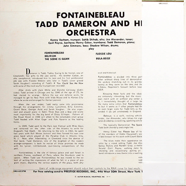 Tadd Dameron - Fontainebleau (Vinyl, LP, Album, Mono, Reissue) Near Mint (NM or M-) / Very Good Plus (VG+)