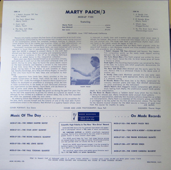 Marty Paich Trio - Marty Paich Trio (Vinyl, LP, Album, Reissue, Mono) Very Good Plus (VG+) / Very Good Plus (VG+)