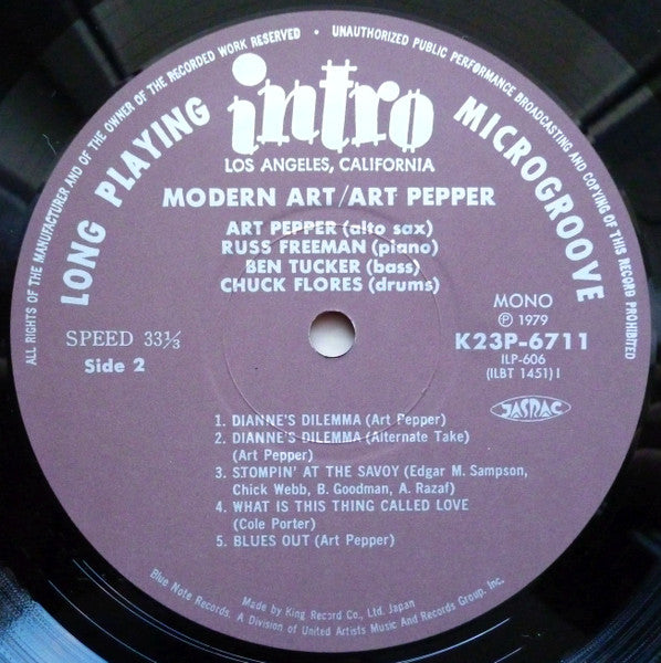 Art Pepper Quartet - Modern Art (Vinyl, LP, Album, Reissue, Mono) Very Good Plus (VG+) / Very Good Plus (VG+)