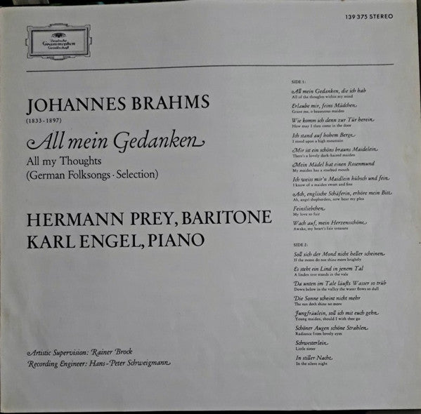 Johannes Brahms - All Mein Gedanken (Deutsche Volkslieder Von Johannes Brahms) (Vinyl, LP, Album, Stereo) Very Good Plus (VG+) / Very Good Plus (VG+)