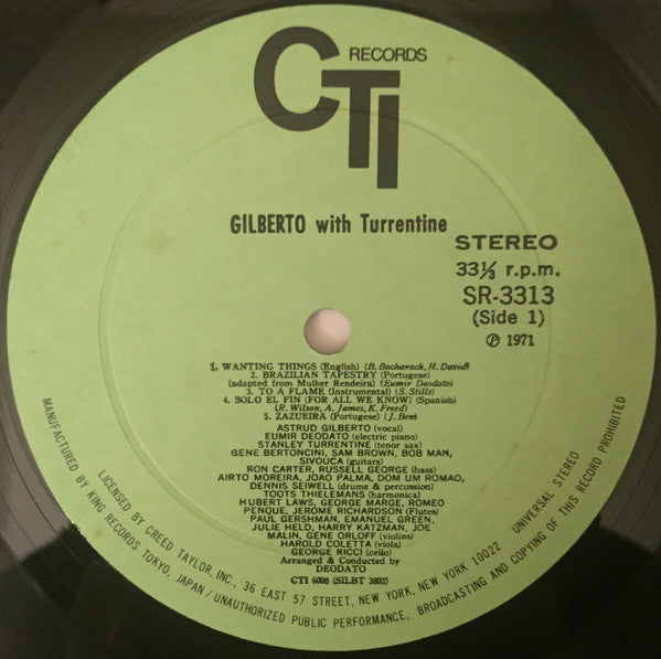 Astrud Gilberto - Gilberto With Turrentine (Vinyl, LP, Album, Stereo) Very Good Plus (VG+) / Very Good Plus (VG+)