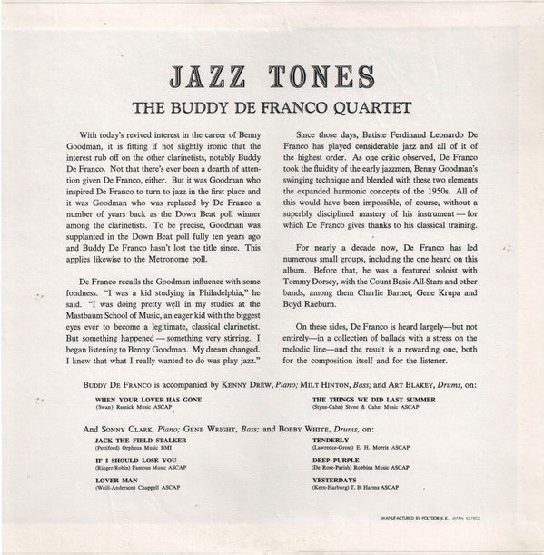 Buddy DeFranco Quartet - Jazz Tones (Vinyl, LP, Album, Reissue, Mono) Very Good Plus (VG+) / Very Good Plus (VG+)