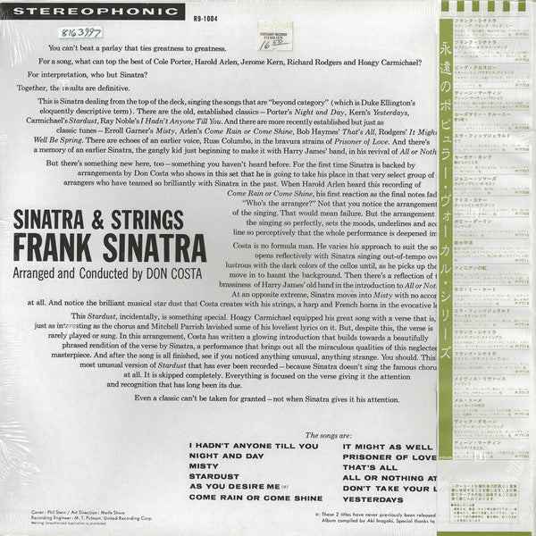 Frank Sinatra - Sinatra & Strings (Vinyl, LP, Album, Reissue, Stereo) Very Good Plus (VG+) / Very Good (VG)
