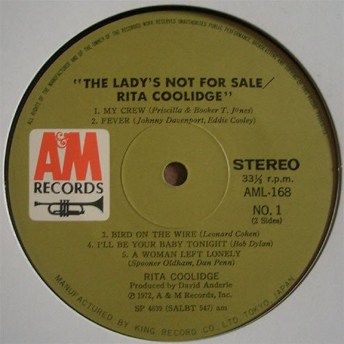 Rita Coolidge - The Lady's Not For Sale (Vinyl, LP, Album) Very Good (VG) / Very Good Plus (VG+)
