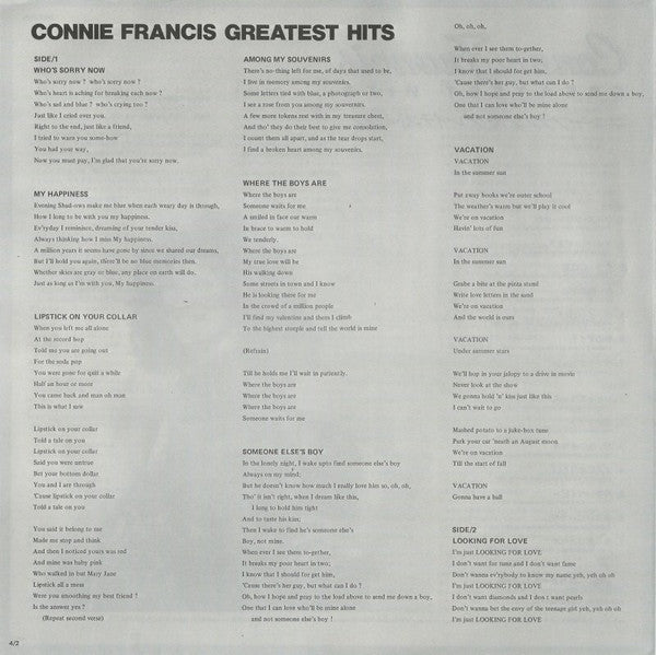Connie Francis - Greatest Hits (Vinyl, LP, Compilation) Very Good Plus (VG+) / Very Good Plus (VG+)