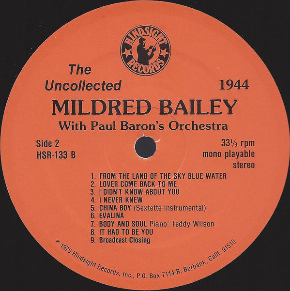 Mildred Bailey - The Uncollected Mildred Bailey 1944 (The CBS Radio Shows) (Vinyl, LP, Mono) Very Good (VG) / Very Good (VG)