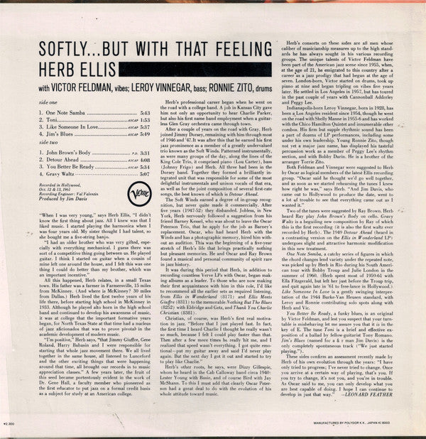 Herb Ellis - Softly... But With That Feeling (Vinyl, LP, Album, Reissue) Very Good Plus (VG+) / Very Good (VG)