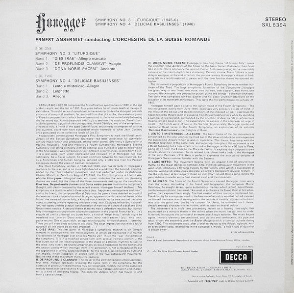 Arthur Honegger - Symphony No. 3 Liturgique / Symphony No. 4 Deliciae Basilienses (Vinyl, LP) Very Good (VG) / Very Good Plus (VG+)