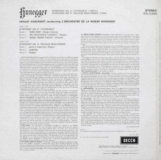 Arthur Honegger - Symphony No. 3 Liturgique / Symphony No. 4 Deliciae Basilienses (Vinyl, LP) Very Good (VG) / Very Good Plus (VG+)