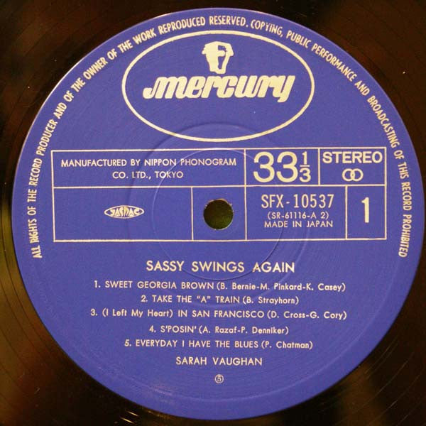 Sarah Vaughan - Sassy Swings Again (Vinyl, LP, Stereo) Very Good Plus (VG+) / Very Good (VG)