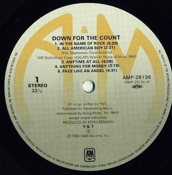 Y & T - Down For The Count (Vinyl, LP, Album, Stereo) Very Good Plus (VG+) / Very Good Plus (VG+)