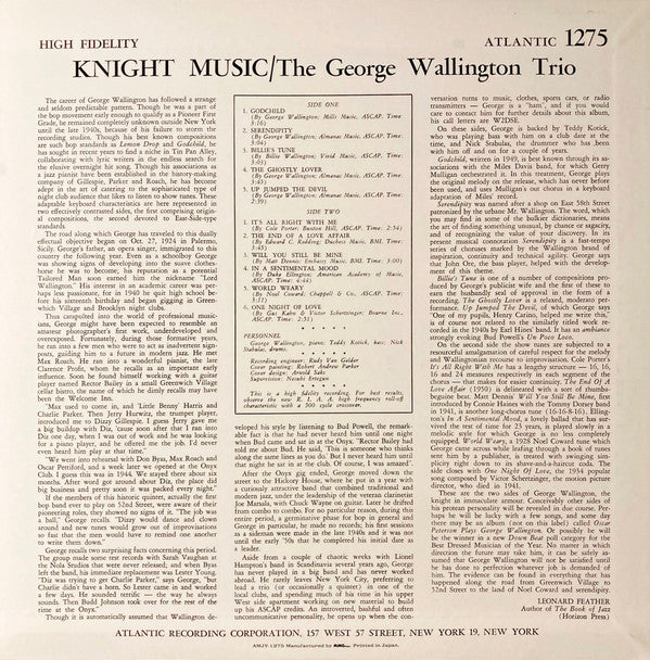 George Wallington - Knight Music: George Wallington Plays 5 Originals And 6 Standards (Vinyl, LP, Album, Reissue, Mono) Very Good Plus (VG+) / Very Good Plus (VG+)