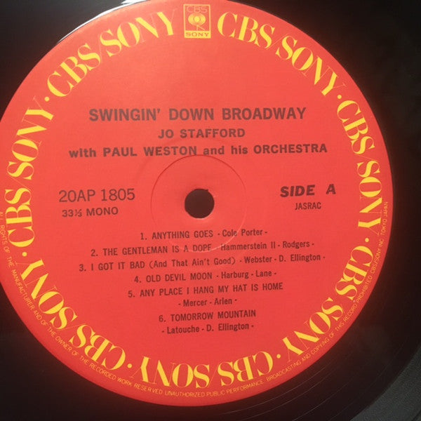 Jo Stafford - Swingin' Down Broadway (Vinyl, LP, Album, Reissue, Mono) Very Good (VG) / Very Good (VG)