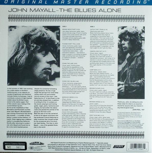 John Mayall - The Blues Alone (Vinyl, LP, Album, Limited Edition, Numbered, Remastered, Stereo) Mint (M) / Mint (M)