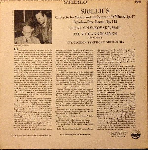 Jean Sibelius - Concerto In D Minor, Op. 47 For Violin And Orchestra / Tapiola, Op. 112 (Tone Poem) (Vinyl, LP, Reissue, Stereo) Very Good (VG) / Very Good (VG)