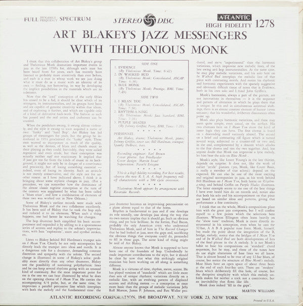 Art Blakey & The Jazz Messengers - Art Blakey's Jazz Messengers With Thelonious Monk (Vinyl, LP, Album, Reissue, Stereo, Mono) Very Good Plus (VG+) / Good Plus (G+)