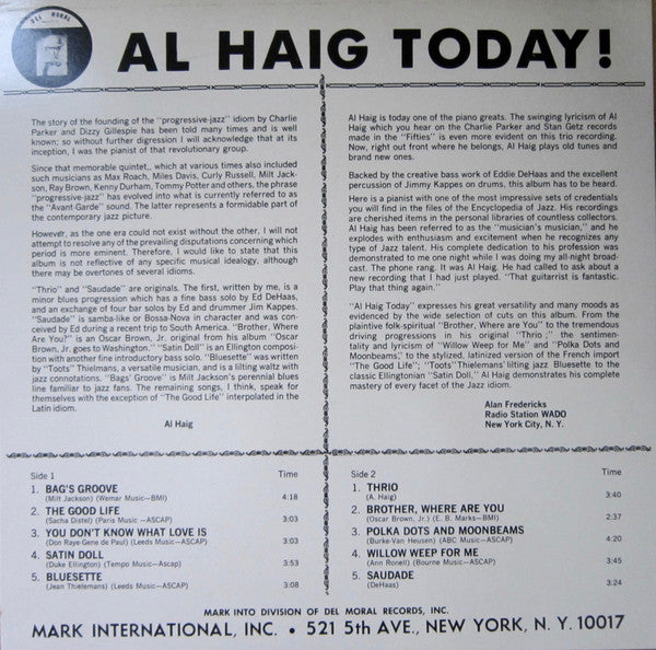 Al Haig - Today! (Vinyl, LP, Reissue) Very Good Plus (VG+) / Very Good Plus (VG+)