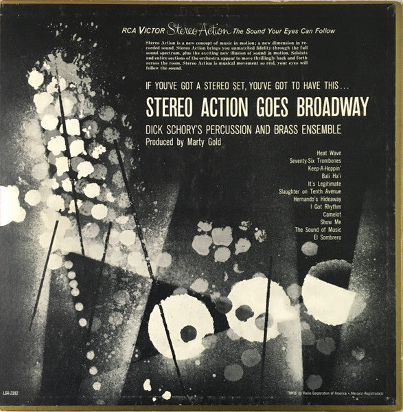 Dick Schory's Percussion And Brass Ensemble - Stereo Action Goes Broadway (Vinyl, LP, Album) Very Good Plus (VG+) / Very Good Plus (VG+)